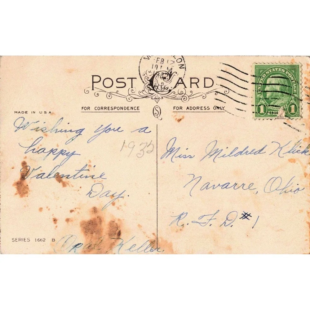 Valentine Postcard 1932 Girl Pink Flowers Series 1662B Massillon Ohio